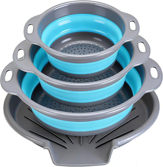 Collapsible Colander Set with Oversized Draining Tray | 3-Pack Foldable Kitchen Strainers + Base | Space Saving for Pasta, Veggies, Fruit & Rice | 5 Colors (Gray-White)