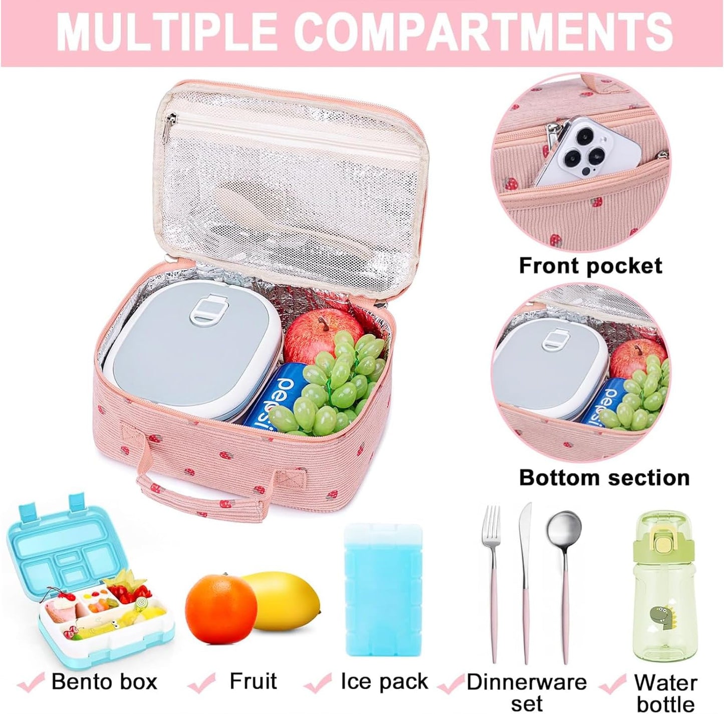 Bluboon Insulated Lunch Bag for Girls & Boys, Corduroy School Lunch Box with Cooler & Organizer Compartments, Leak-Proof Lunch Tote for School, Travel (Corduroy Strawberries Beige)