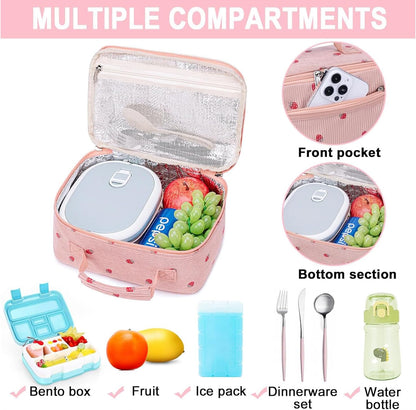 Bluboon Insulated Lunch Bag for Girls & Boys, Corduroy School Lunch Box with Cooler & Organizer Compartments, Leak-Proof Lunch Tote for School, Travel (Corduroy Strawberries Beige)