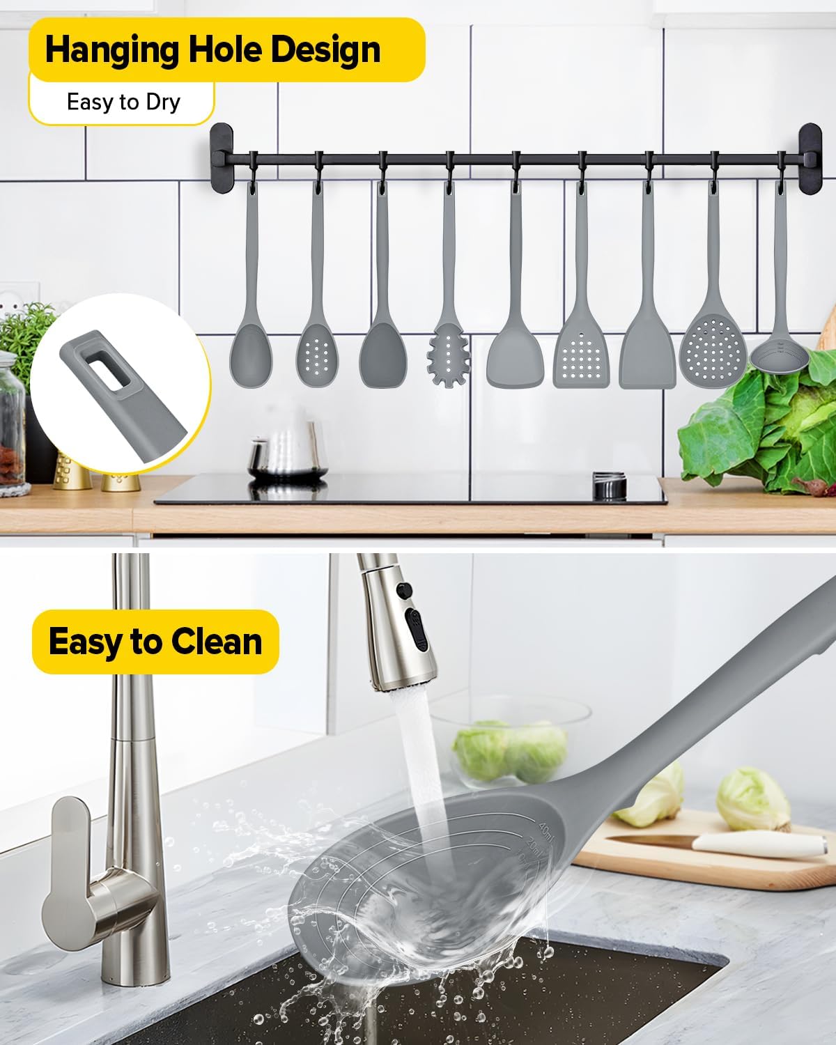 Silicone Cooking Utensils Set, 9 Pcs Heat Resistant Kitchen Utensils with Back Hooks, BPA Free Kitchen Tools with Spatulas, Spoons, Skimmer and Pasta Fork for Non Stick Cookware(KHAKI)
