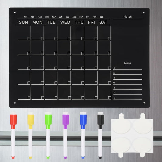PATIKIL Acrylic Magnetic Calendar for Fridge, 16"x12" Calendar Planning Board Weekly Monthly Planner with Highlight Markers for Fridge Menu to-Do List, Black