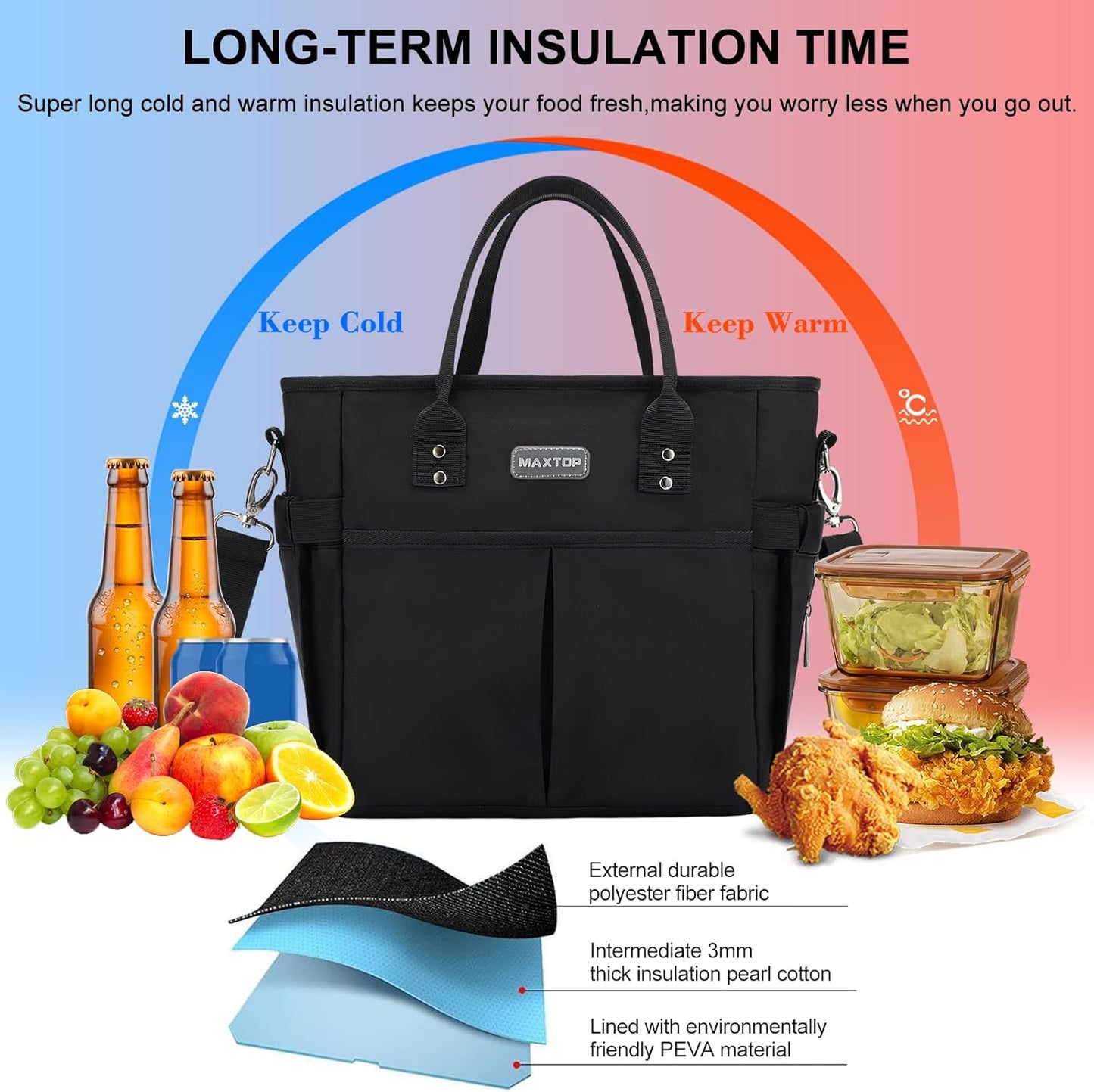 MAXTOP Lunch Bag Women for Work Insulated Thermal Lunch Box for Men with Wide-Open Pocket Reusable Leakproof Cooler Bags with Removable Shoulder Strap for Teacher Nurse Office Picnic Travel Black