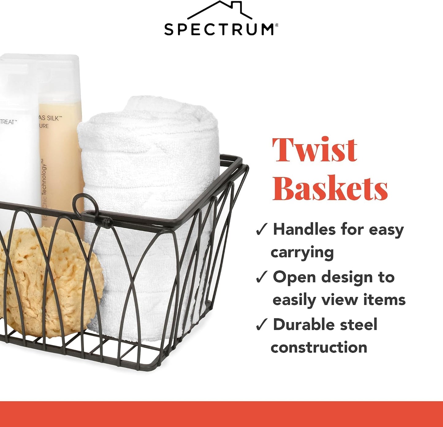 Spectrum Small Wire Basket with Handles Black Farmhouse Basket Organizer for Kitchen Bathroom Laundry Pantry Shelf Organization, Sturdy Twist Wire Metal Basket with Handle for Gifts or Storage