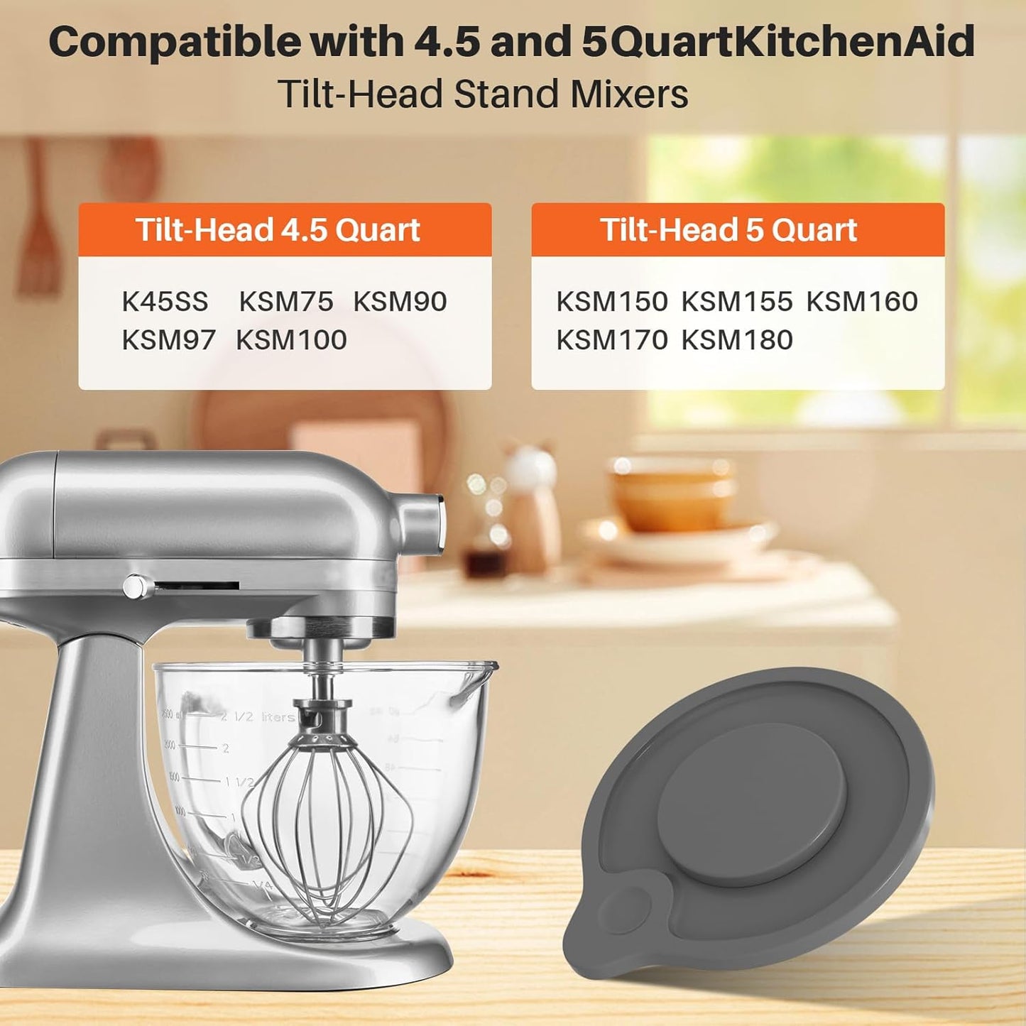 Glass Bowl Compatible with KitchenAid 4.5 & 5-Quart Tilt-Head Stand Mixers – Includes Lid, Measurement Markings & Spout Cover – Dishwasher, Microwave & Freezer Safe