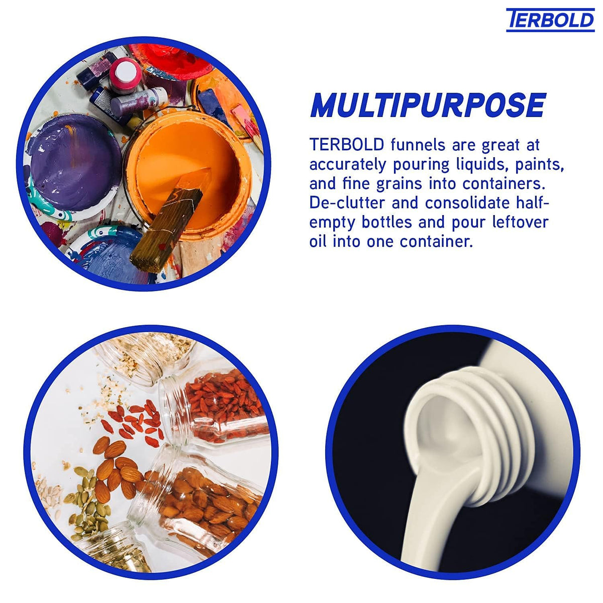 4pc Funnel Nesting Set in BPA Free Plastic for Kitchen Cooking, Car Oil, Home, or Lab Use (White)