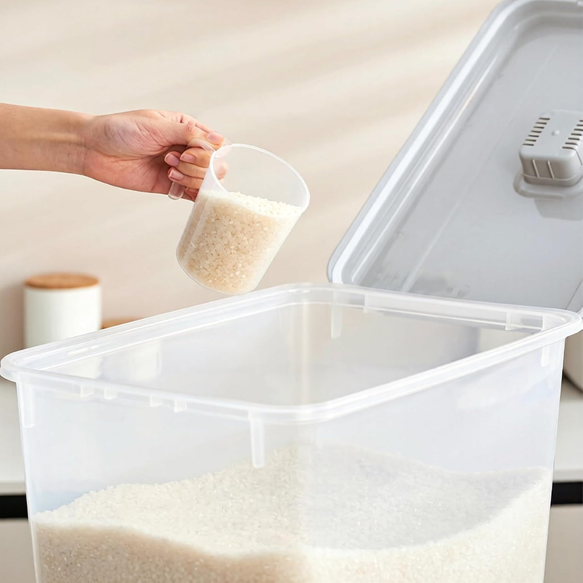 pet Food Storage containers Pet Food Storage, Airtight Seal Large Container with Lockable Wheels, Transparent Bin Gray (35lbs Rice/25lbs Flour) + Measuring Cup