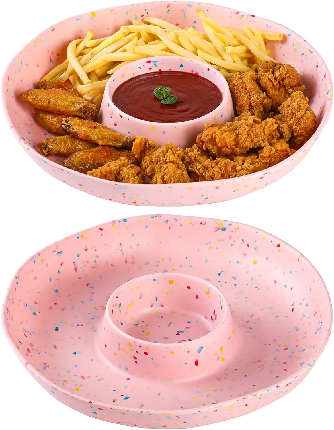 Melamine Chip & Dip Serving Platter Set of 2, 13 Inch Large Melamine Divided Bowls Set, Lightweight and Unbreakable Relish Tray for Appetizers, Snacks, Veggies, Candy - Elegant White Confetti Design