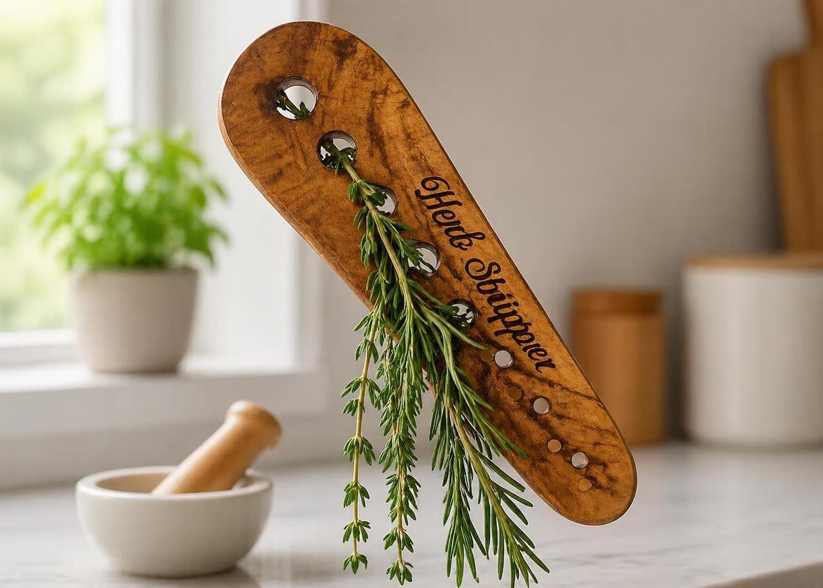 Handmade Olive Wood Herb Stripper, Natural Wood Kitchen Tool for Fresh Herbs
