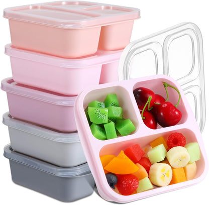 Honeydak 5 Pack Snack Containers 3 Compartment Bento Snack Boxes Divided Meal Prep Containers with Lids Reusable Adults Lunch Food Storage Box for School Work Travel(Elderberry)