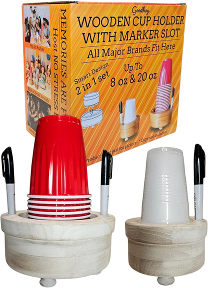 Party Cup Holder with Marker Slots | Drink Organizer for Birthdays, Festive Events, BBQs & Holiday Gatherings | Hosting Essentials for Plastic Cups | Wood Design Two in One (Brown Rustic)