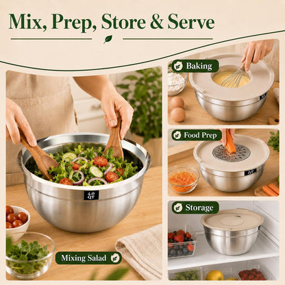 8PCS Stainless Steel Mixing Bowls with Lids - 5PCS Nesting Bowls, 3 Grater Attachments for 4.0 QT Bowl, Stainless Steel Mixing Bowls for Mixing & Serving, Size 1.5/2.1/3.5/4/4.5 QT, Khaki