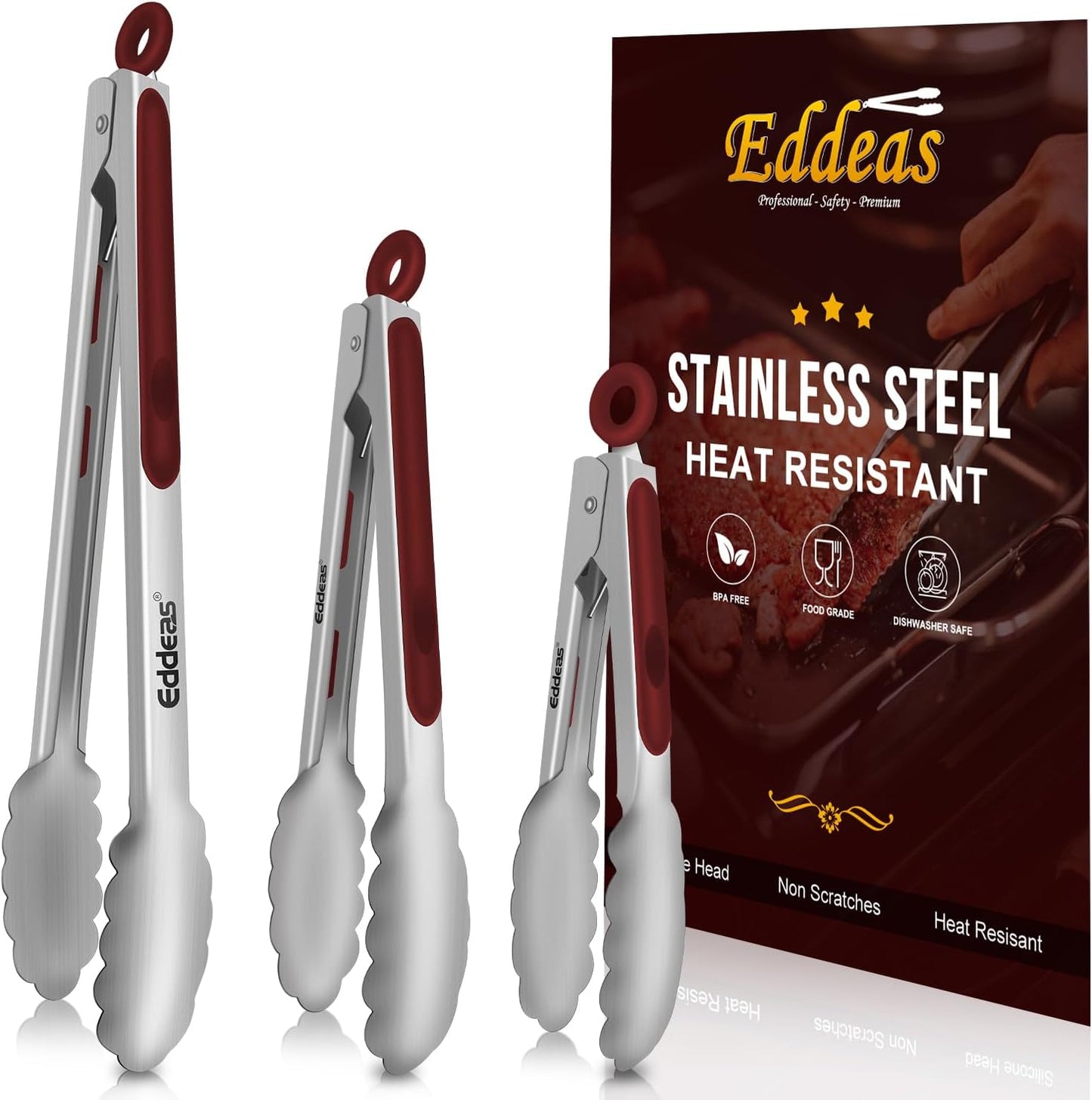 Eddeas Kitchen Tweezers Tongs, Cooking Tweezers Stainless Steel - 3 Size 12'' 10'' & 8 inch Ideal for Meat, pasta, plating and pinching delicate small pieces of food, Set of 3
