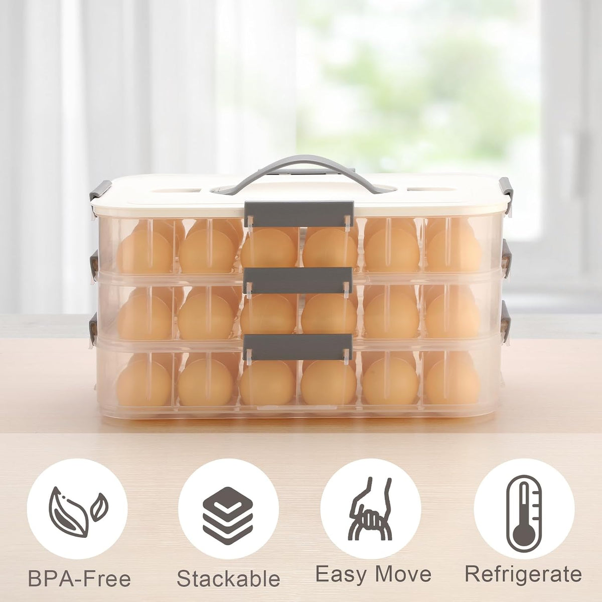 BTSKY Deviled Egg Platter with Lid, 3-Layer 54 Slots Deviled Eggs Carrier, Clear Portable Egg Holder for Fridge Reusable Deviled Eggs Tray Carton Box for Easter and Party Favor (3-Layer, Orange)