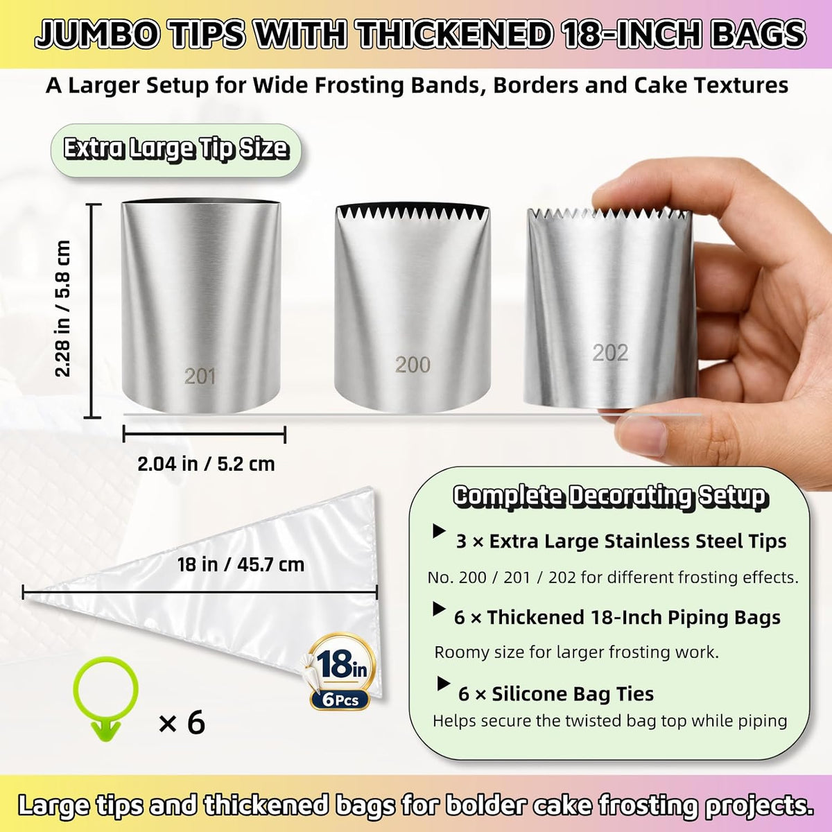 Extra Large Piping Tips Set with 18-Inch Bags for Cake Decorating