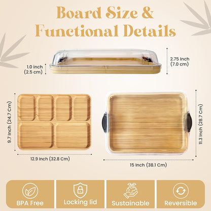 Charcuterie Board with Lid 3-in-1, Portable Bamboo Serving Tray with Lid & Removable Snack Tray for Cheese, Fruit, Food - Covered Cheese Platter for Picnic, Travel, Ready-to-Gift