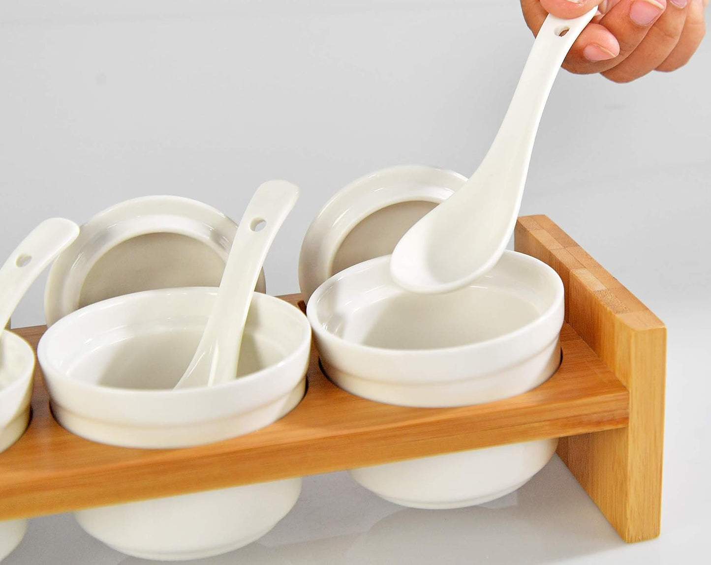 Home-X Bamboo and Ceramic Condiment Tray - Ideal Serving Dish for Hosting Entertaining, Party Essential, Taco Bar, Includes Dip Bowls, Spoons, Lids and Serving Platter, Salsa, Chips, Veggies, Fruits