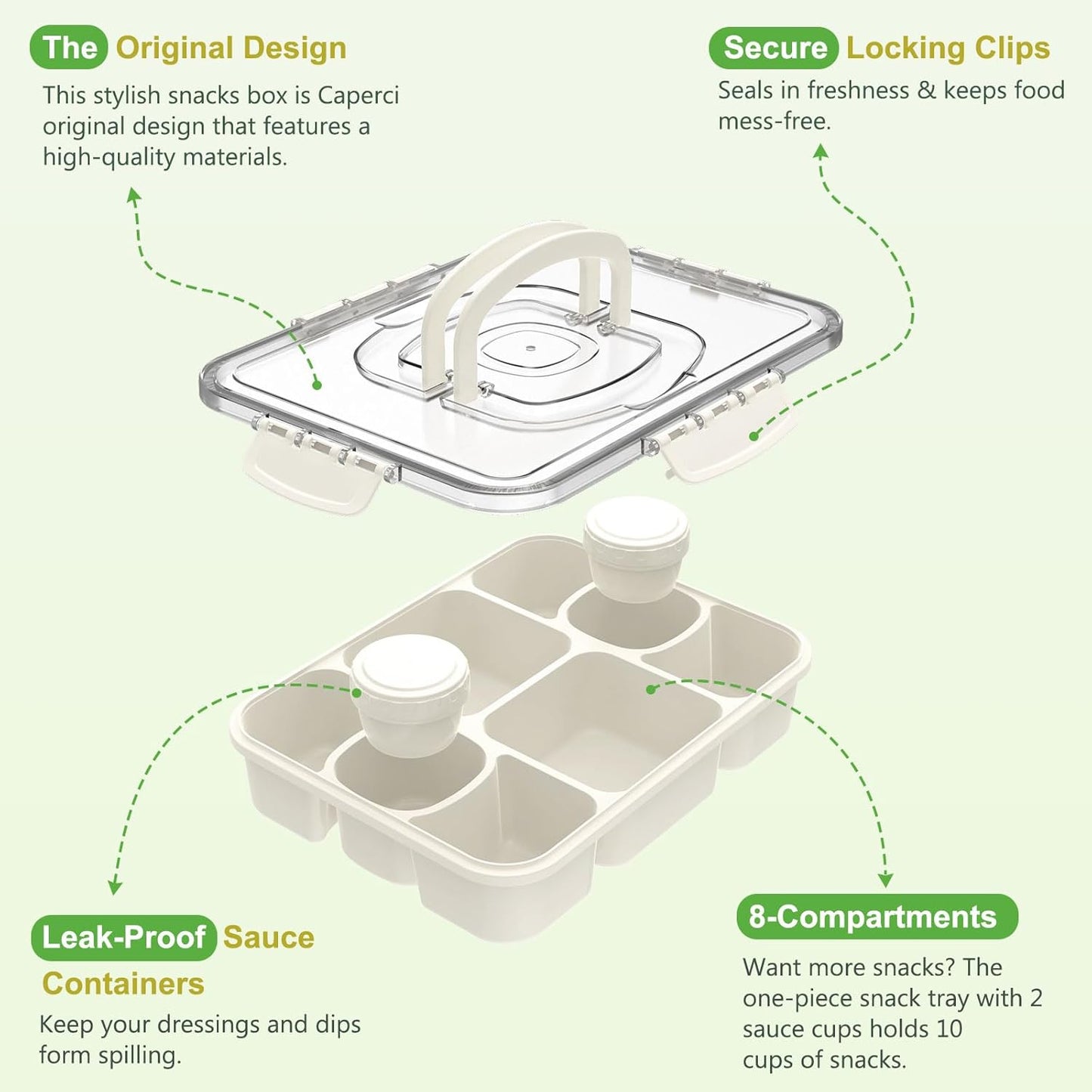 Caperci Snackle Box Container with 2 Sauce Cups - Large 8-Compartment Divided Serving Tray with Lid & Handle, Portable Snack Tray for Travel, Hold 10 Cups, Leak-Proof, Dishwasher Safe, BPA-Free