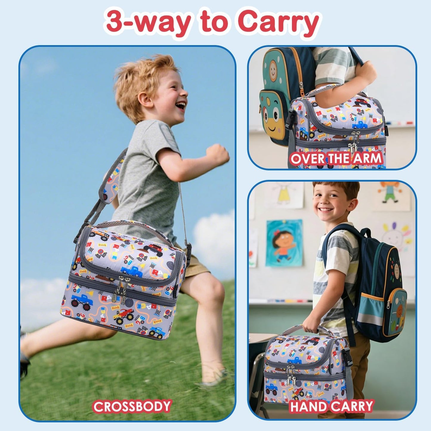 FlowFly Kids Double Decker Cooler Insulated Lunch Bag Large Tote for Boys, Girls, Men, Women, With Adjustable Strap, Unicorn