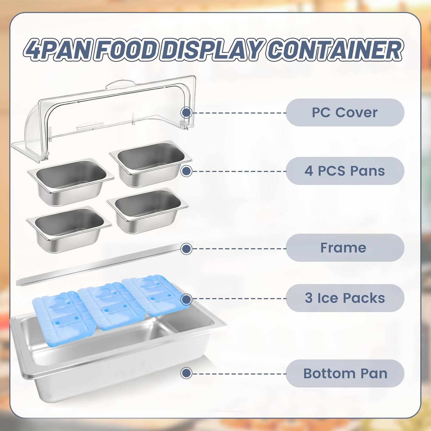 Countertop Ice Food Serving Display Tray with 4 Pan, Salad Bar Buffet Station for Home, Cold Food Buffet Server, Pizza Topping Station, Cold Buffet Table Serving Station for Party