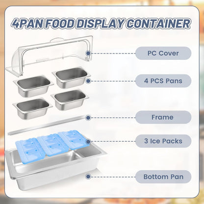 Countertop Ice Food Serving Display Tray with 4 Pan, Salad Bar Buffet Station for Home, Cold Food Buffet Server, Pizza Topping Station, Cold Buffet Table Serving Station for Party