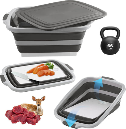 Collapsible BBQ Prep Tub with Cutting Board & Lid - XXL 7.95 Gal / 66 lb - Reusable Grilling Accessories - BPA-Free, Hand Wash (Drain Hole) - Outdoor, Boating, Hunting - Gift for Men