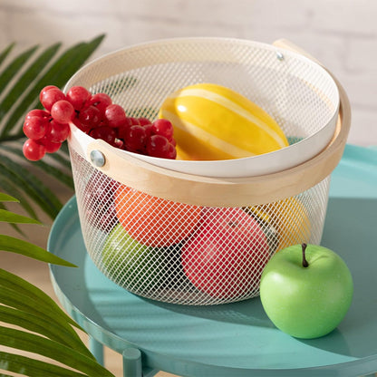 AJIODA Metal Mesh Steel Wire Basket, Round Storage Organizer Basket with Wooden Handle Multi-functional Hanging Kitchen Baskets Fruit Baskets for Kitchen Bathroom Picnic Decor Cabinet Home, White