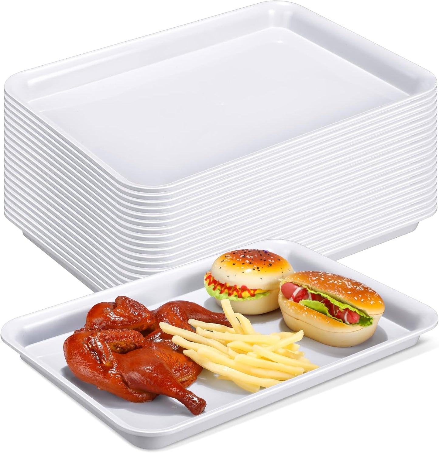 Ziliny 20 Pcs Plastic Serving Trays Bulk Plastic Serving Platters Reusable Rectangle Food Tray Stackable Party Trays for Dinner Snack Dessert in School Cafeteria(White)