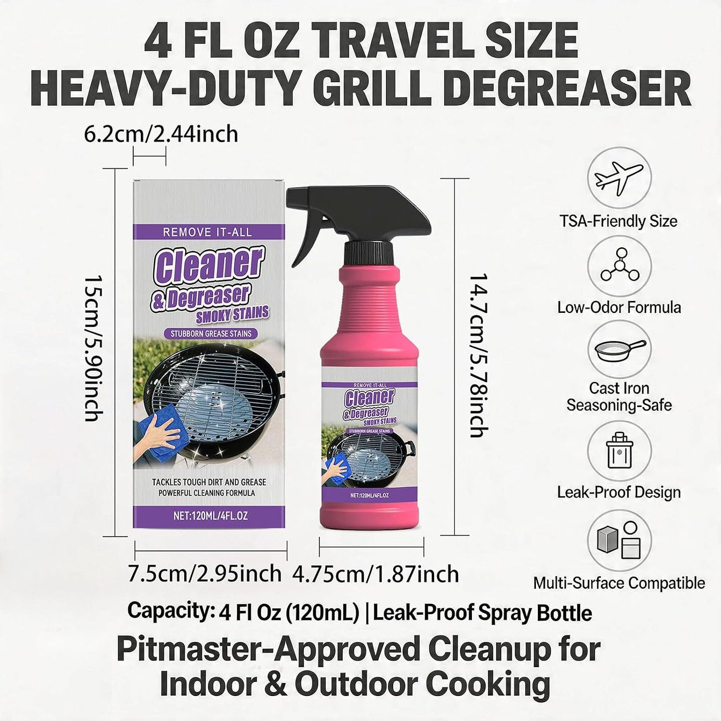 Fast-Acting Heavy-Duty Grill Degreaser Spray, BBQ Cleaner for Gas, Charcoal & Smoker Grates, Leak-Proof 4 Fl Oz Travel Size (3pc)
