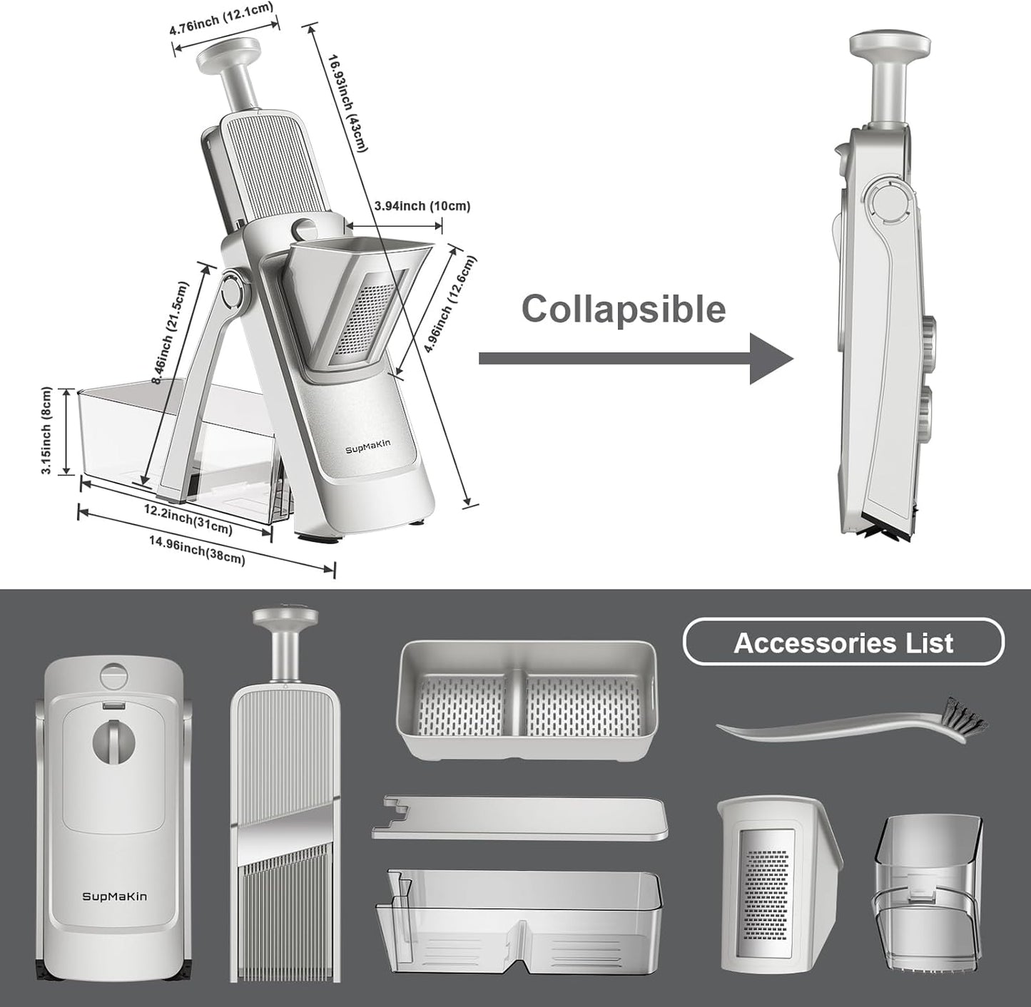 SUPMAKIN Safe Mandoline Slicer, Adjustable Vegetable Food Slicer and Chopper, Potato Fries Fry Cutter, Veggie Salad Chopper, New Kitchen Chopping Artifact Gifts 2026 (SliverGray)