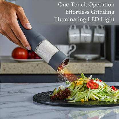 Electric Salt and Pepper Grinder Set, USB Rechargeable, Automatic Salt and Pepper Mill Grinder with Adjustable Coarseness, Electric Salt Shakers, LED Light, Refillable (2 Packs, Greige)