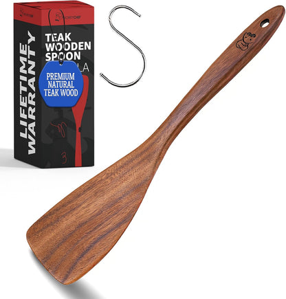 PriorityChef Wooden Slotted Spoon - Premium Teak Cooking Utensil for Frying, Straining & Serving - Long Handle Kitchen Spoon for Nonstick Cookware - Handcrafted Durable Wood