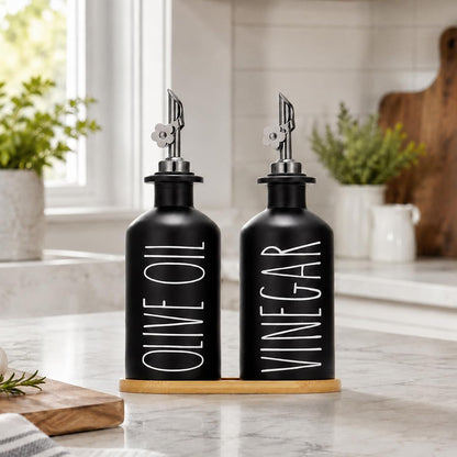 HOMCDALY Premium Olive Oil Dispenser for Kitchen, 11.8oz Glass Oil Bottles with Bamboo Tray, White Oil&Vinegar Cruet Set, Kitchen Dispenser Bottles with Pourer| Set of 2 (11.8oz –P–White)