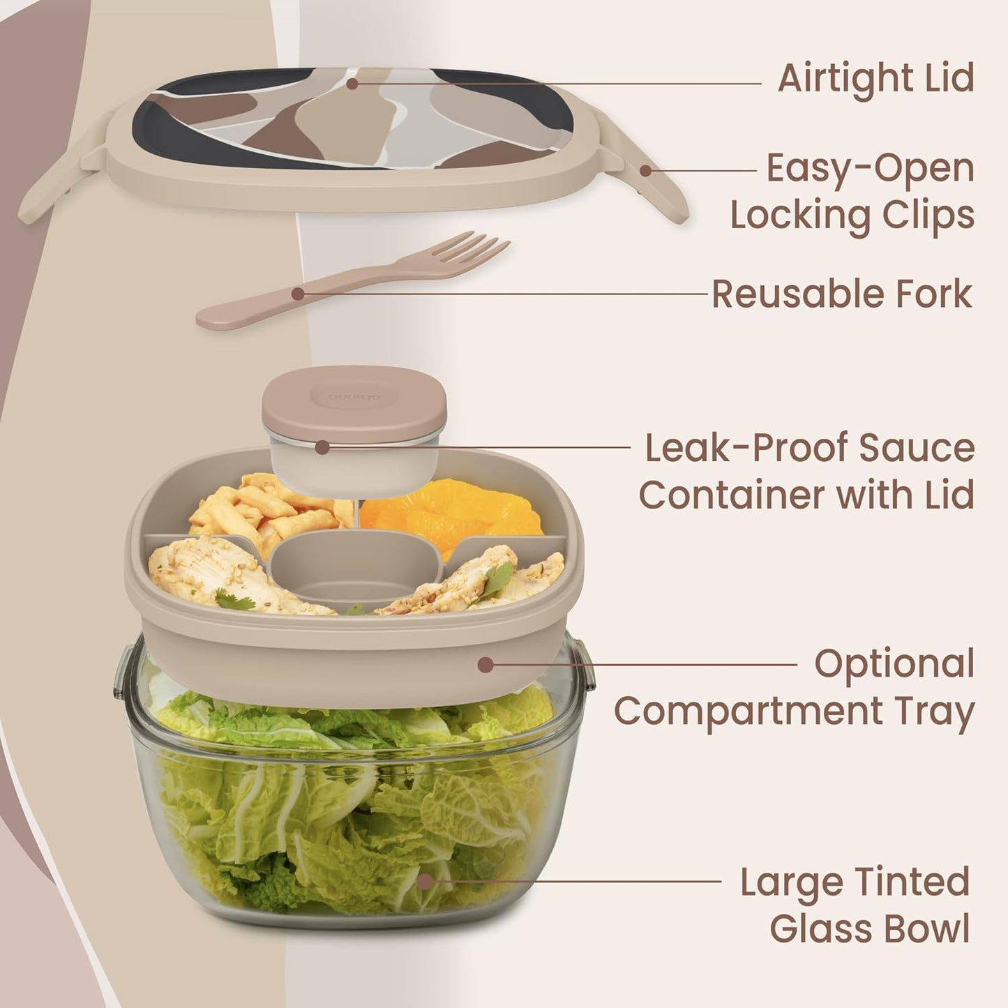 Bentgo Glass Salad Container - 7.6-Cup Salad Bowl with Airtight Lid, Leak-Proof Sauce Container, 4-Compartment Bento Tray & Reusable Fork - BPA-Free for Meal Prep, Office & More (Light Blue)