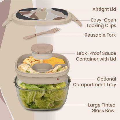 Bentgo Glass Salad Container - 7.6-Cup Salad Bowl with Airtight Lid, Leak-Proof Sauce Container, 4-Compartment Bento Tray & Reusable Fork - BPA-Free for Meal Prep, Office & More (Light Blue)