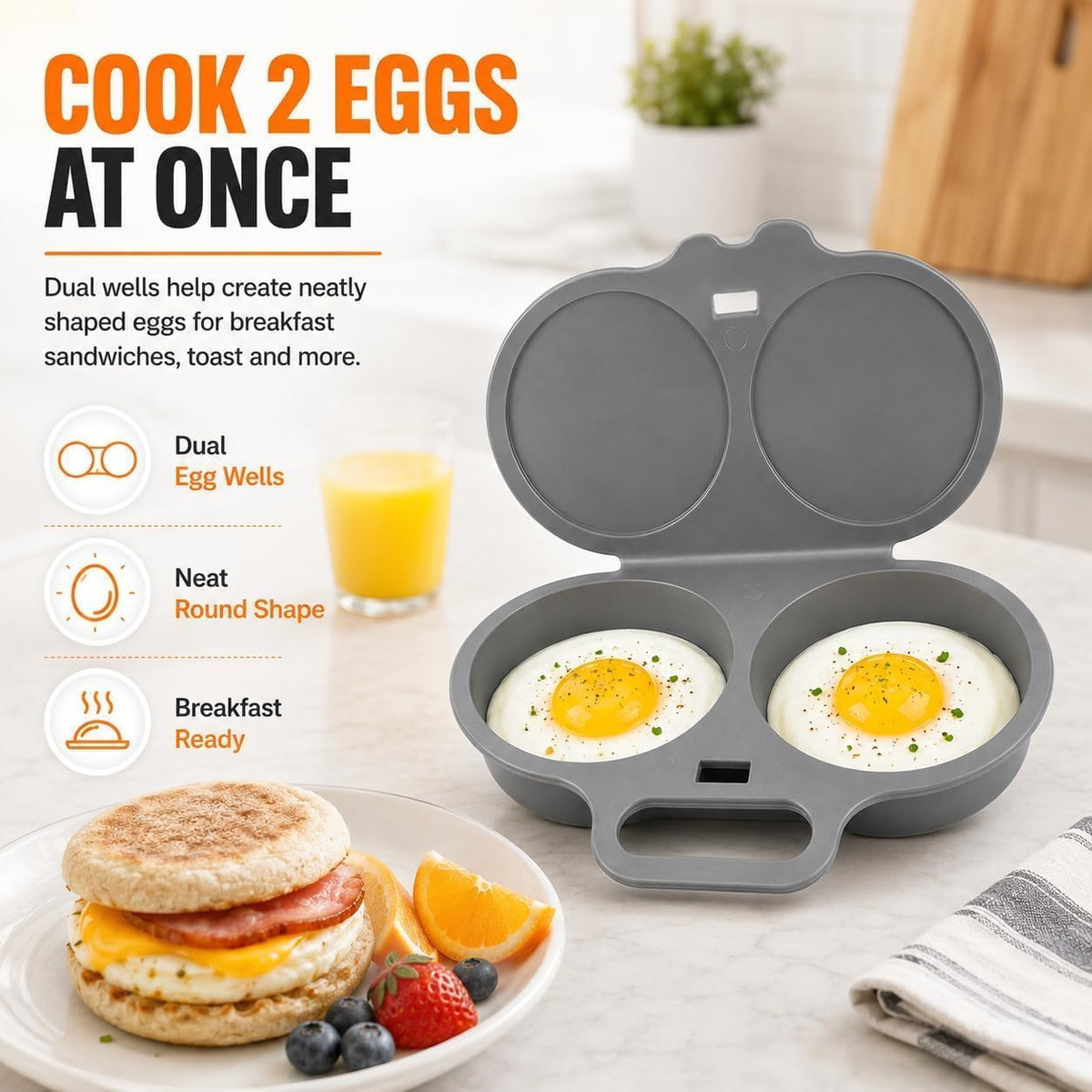 2Pcs Dual Cavity Microwave Egg Poacher With Lid & Handle,Dark grey