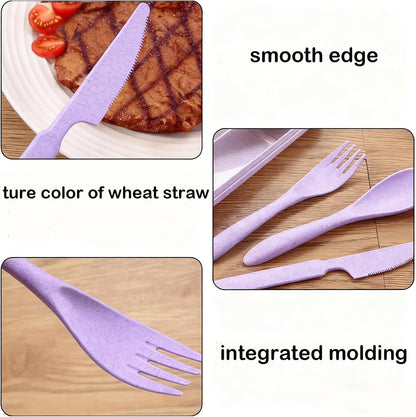 Travel Utensils Set - Reusable 5 Sets Wheat Straw Plastic Cutlery with Case, Portable Forks Spoons and Knives Set, Eco-Friendly BPA Free for Daily Use (5 Purple)
