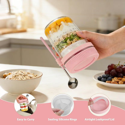 Overnight Oats Containers with Lids and Spoons - 4 Pack 16 oz Glass Mason Jars with Separate Compartments Airtight Overnight Oat Jars Leakproof Yogurt Parfait Cup for Oatmeal Chia Pudding Cereal Salad