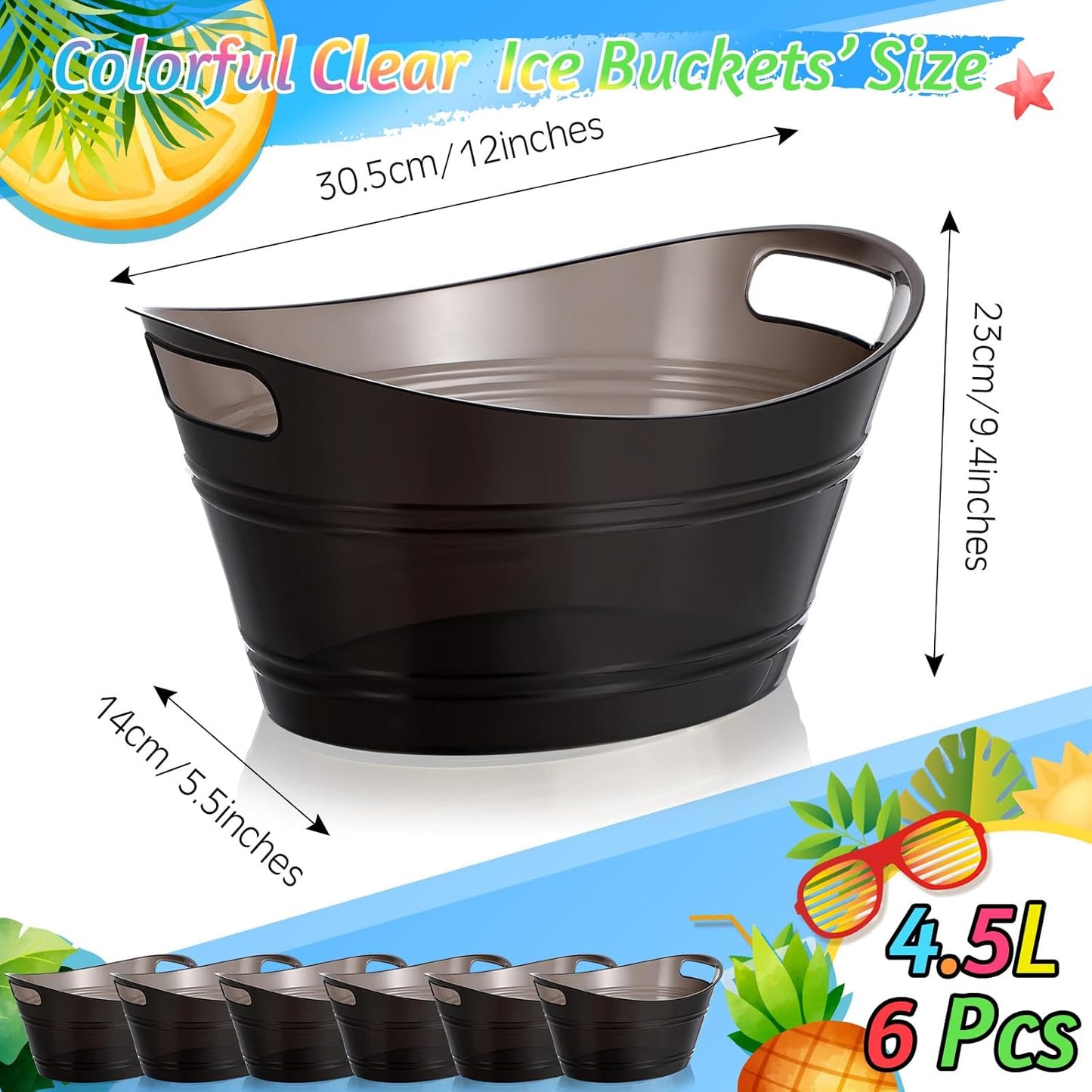 meekoo 6 Pcs Plastic Ice Buckets Bulk with Handles 4.5L Oval Storage Tub Large Capacity Ice Drink Bucket for Party Bar Wine Beer Champagne Beverage Bottle Cooler (4.5 L,Orange)