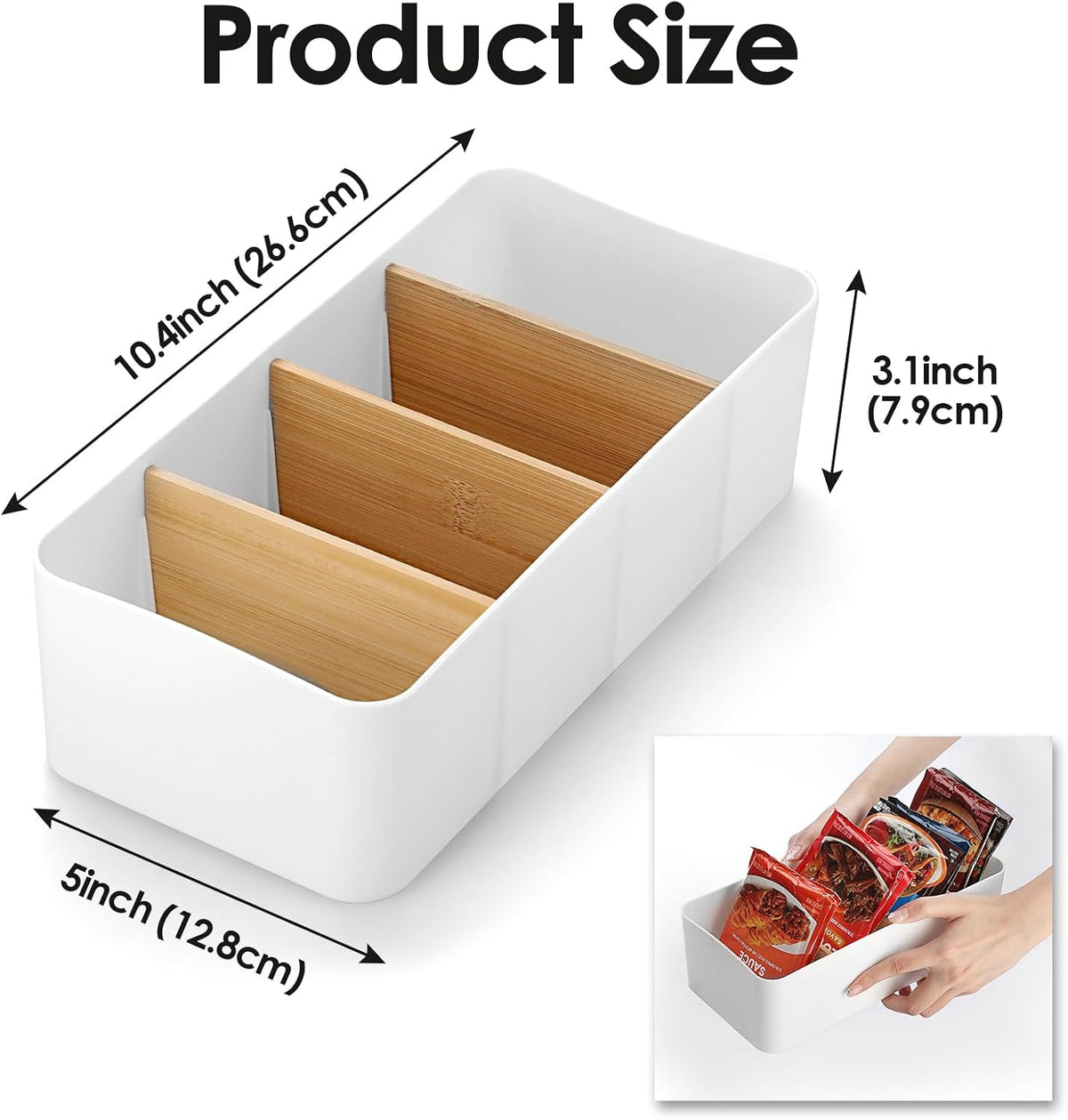 BSTKEY Seasoning Packet Organizer, Food Storage Organizer with Divided 4 Bamboo Wood Compartments, Black Plastic Storage Caddy for Pantry Cabinet, Kitchen Organization Bin for Snacks Spice Packets