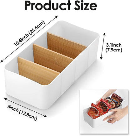 BSTKEY Seasoning Packet Organizer, Food Storage Organizer with Divided 4 Bamboo Wood Compartments, Black Plastic Storage Caddy for Pantry Cabinet, Kitchen Organization Bin for Snacks Spice Packets