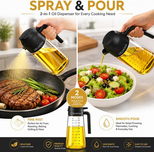 Olive Oil Sprayer for Cooking, 16oz/470ml Glass Oil Sprayer & Dispenser, 2-in-1 Oil Mister Bottle for Air Fryer, Salad, BBQ, Frying, Roasting & Kitchen, Food Grade, Leakproof, Refillable