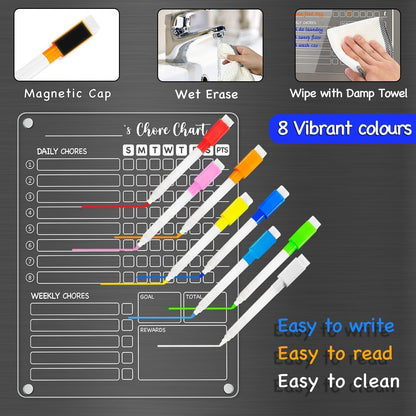 PigPotParty Acrylic Magnetic Chore Chart for Adults, 12x9.5 Inch Clear Dry Erase Chore Board for Fridge, Daily Weekly and Notes Sections, Pre-Installed Embedded Magnets, 8 Fine-tip Markers and Towel