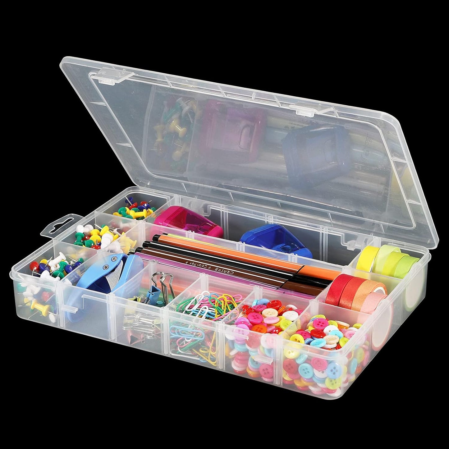 Exptolii 15 Large Grids Plastic Organizer Box with Dividers, 2 Pack Clear Compartment Container Storage for Washi Tapes Beads Crafts Jewelry Fishing Tackles, Size 11 x 6.3 x 2.2 in