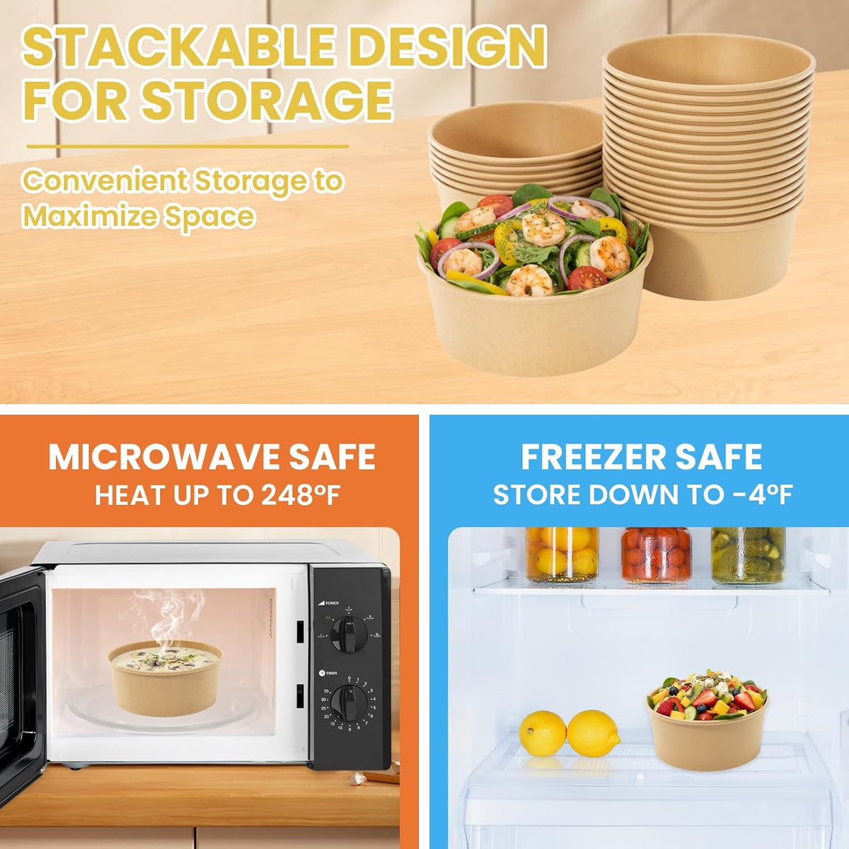 34 oz Paper Bowls with Lids, 50 Count Disposable Meal Prep Containers