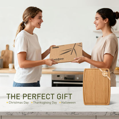 Lightweight Durable Bamboo Cutting Board Set with Non-Slip Feet, Wood Cutting Board for Busy Kitchen, Easy Clean Wooden Chopping Boards with Juice Groove Best House Warming Gift Set of 3 (S+M+L)