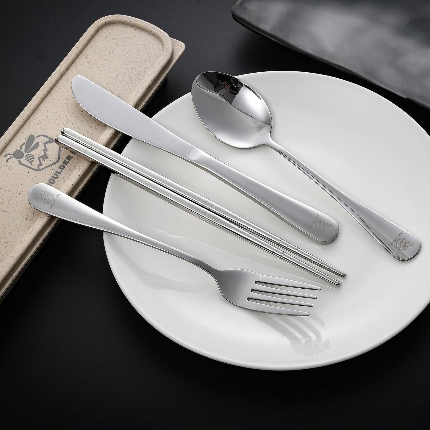 Boulder Bee | Travel Utensils Set | Reusable Camping Cutlery Set | Stainless Steel Flatware Set | Portable Silverware Set with Case | Includes Knife/Fork/Spoon/Straw/Cleaning Cloth/Case (Purple)