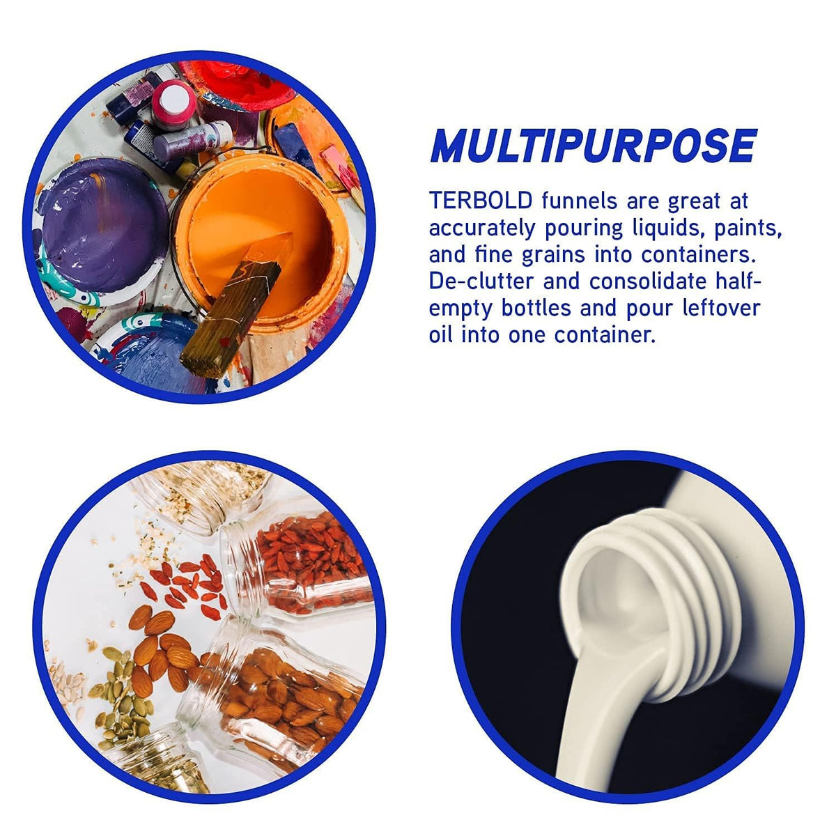 4pc Funnel Nesting Set in BPA Free Plastic for Kitchen Cooking, Car Oil, Home, or Lab Use (White)