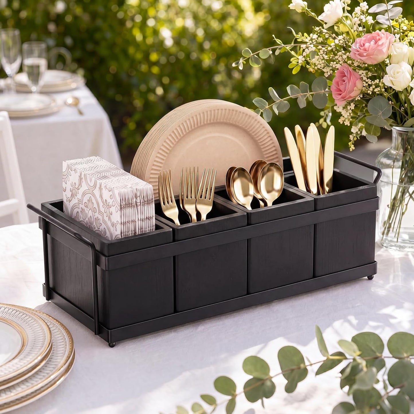 Silverware Caddy for Party, Wood Utensil Caddy with 4 Removable Compartments for Kitchen Countertop Organizing Paper Plate, Fork, Spoon, Napkin