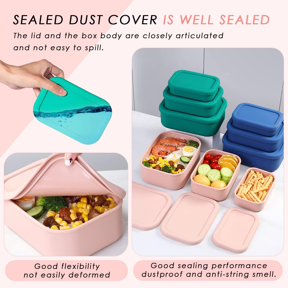 Silicone Food Storage Containers, Set of 3 Rectangular BPA-Free Silicone Lunch Box Containers with Lids, Airtight, Leak-Proof, Freezer, Microwave & Dishwasher Safe (10.2oz, 23.6oz, 44oz)