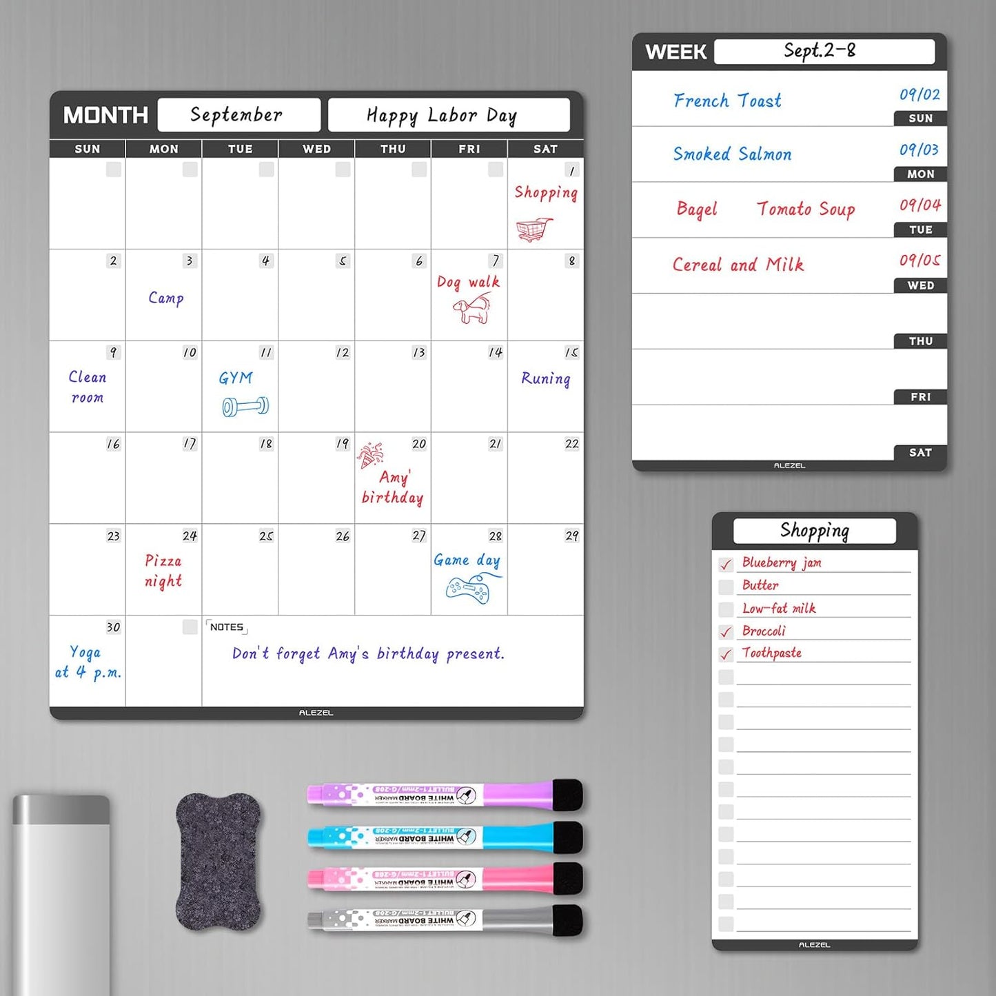 ALEZEL Dry Erase Fridge Calendar Magnetic, Greenery White Board Calendar Dry Erase for Refrigerator - Set of Vertical Monthly & Weekly Calendar for Fridge with 1 List Board, 4 Markers + Eraser